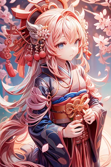 One person, Upper Body, Expressionless, kimono, Long Hair, alone, cherry blossoms, View your viewers,Japanese sword,pine tree,