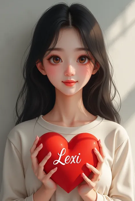 Make a realistic girl like Korean girl with name in her shirt as Lexi holding red heart with written Luna & Dilaw 