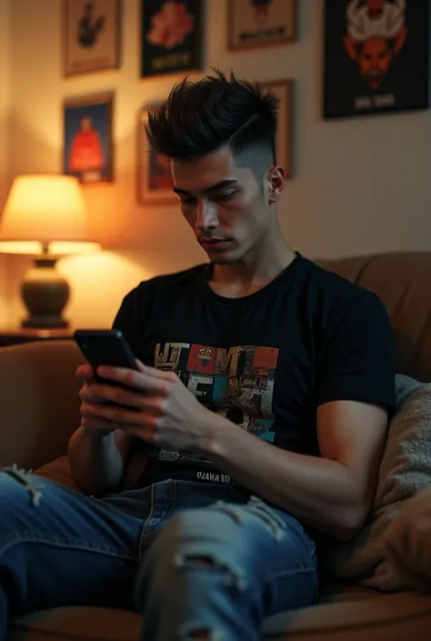 (photorealism:1.2), (HDR quality), (random pose), very handsome young man(face down), sitting on the livingroom, looking his cellphone, wearing black printing t-shirts and scars jeans, spiky hair, posters in background, cozy room, randomize sad pose, reali...