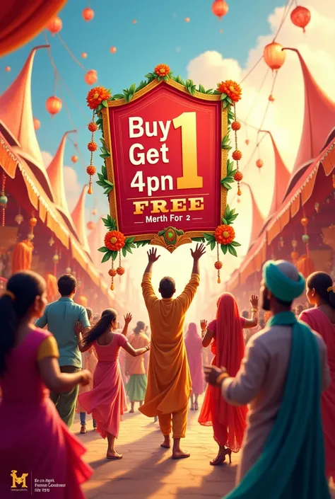 A sale creative to callout Buy 1, get 4 free. The theme should be mela or festive related. Make it more catchy with the elements