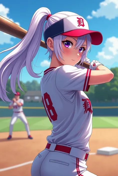 white hair 、Purple Eyes、girl、High school student、Baseball player、single ponytail