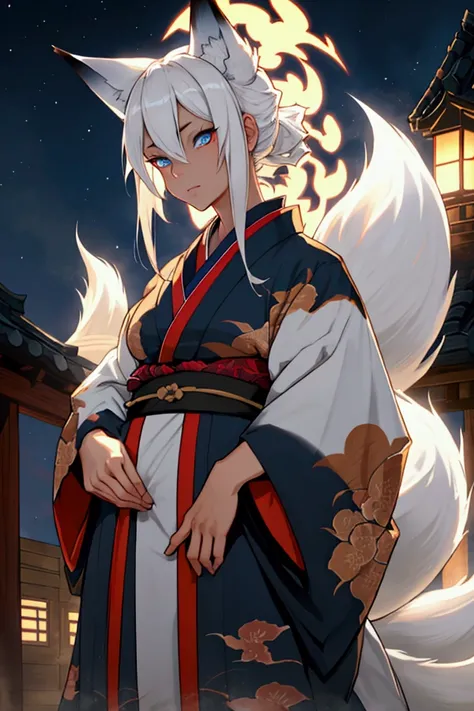 White hair, kitsune, fox girl, tan skin huge, blue eyes, fox dragon hybrid pet, multiple tails, kimono, fae, ninja, night, glowing eyes
