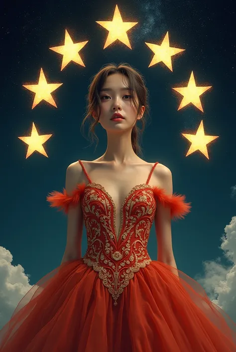 Woman wearing cool dress, with seven star background