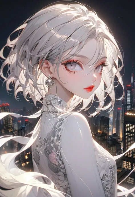 The background is skyscrapers at night，(Highest quality,Very detailed,High resolution:1.2),Slim albino girl，Gray-haired berry shorthair,gray bangs，very_Long eyelashes, Detailed lips, Cool look, Soft Skin, Shiny Hair,Exquisite makeup,Looking back at me