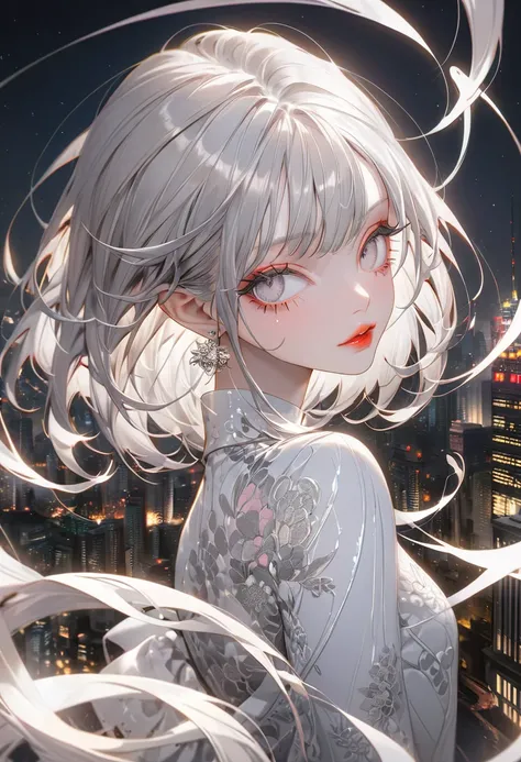 The background is skyscrapers at night，(Highest quality,Very detailed,High resolution:1.2),Slim albino girl，Gray-haired berry shorthair,gray bangs，very_Long eyelashes, Detailed lips, Cool look, Soft Skin, Shiny Hair,Exquisite makeup,Looking back at me