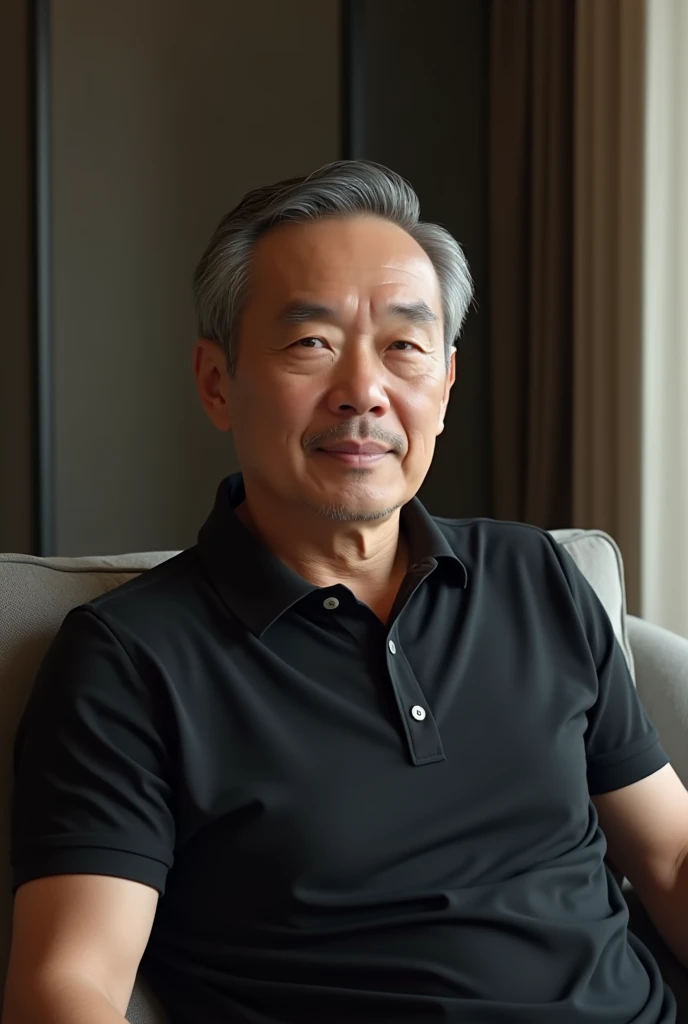 30 year old Asian man wearing a black polo shirt sitting on a chair 