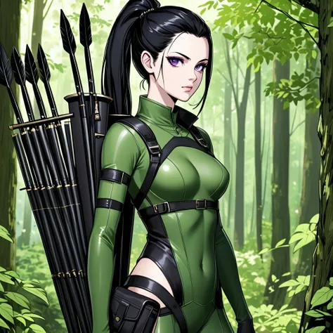 

A stealthy archer with long, raven-black hair pulled back into a tight high ponytail, piercing violet eyes, and pale skin that suggests a life spent indoors. She dons a form-fitting, leafy green bodysuit that camouflages her against any forest terrain, a...