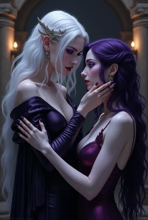 Create a dramatic and intimate scene featuring Lilith, the vampire queen, and her seductive progenitor in an elegant and menacing setting.Lilith:Appearance: Lilith is depicted with her long, snow-white hair cascading down her back, and her intense violet e...