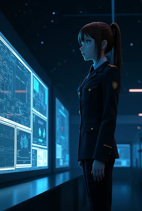 Misa hayase in militar dress oufit looking a monitor in space