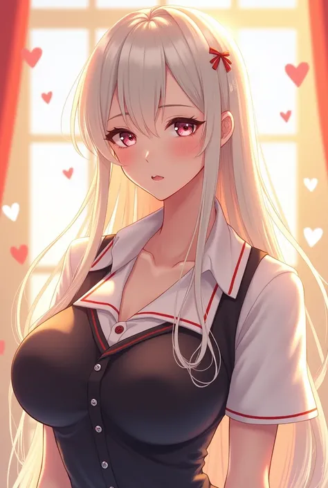 ((masterpiece)) 1girl (breast focus) full body sunlight sunny heart background:1 realistic pale skin (white hair) (long hair) (((serafuku:1.5))) (large breasts) beautiful breasts crossed ahoge