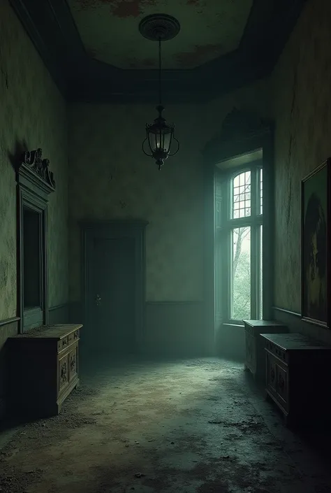 An old, dusty interior of a mansion with high ceilings and cobwebs in the corners. The walls are covered in peeling wallpaper with faded, eerie paintings. There is a sense of coldness and foreboding in the air, with dim light barely illuminating the room."