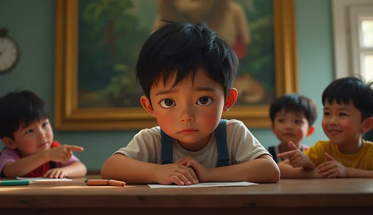  Asian boy looks sad and sorry , tan skin , Is foreground , Behind are three children of the same age. , Our heads laugh, Hand pointing at a painting , See a painting that mocks skin color , Any angle , Realistic images, high-resolution images, rich, vibra...