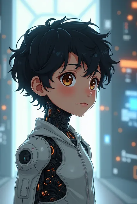  Cyborg boy with slightly curly black hair and brown eyes in anime