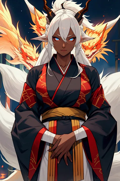 White hair, kitsune, fox girl, tan skin huge ,dark skin, blue eyes, fox dragon hybrid pet, dragon horns, multiple tails, kimono, fae, ninja, night, glowing eyes
