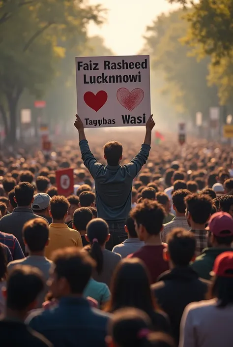 In one place there are many people about 200 people and the middlemost one of them has a big board in his hand and it is high and has Faiz Rasheed Lucknowi with heart with Tayyiba Wasi written on it. 