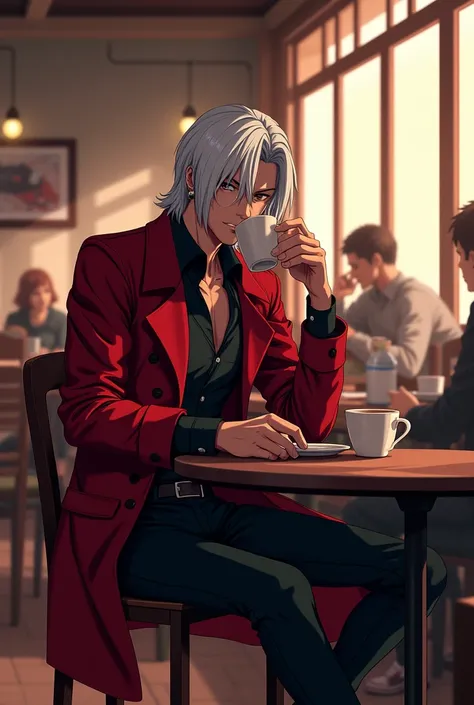 Dante saves,Devil May cry, drinking coffee in a restaurant, anime design 