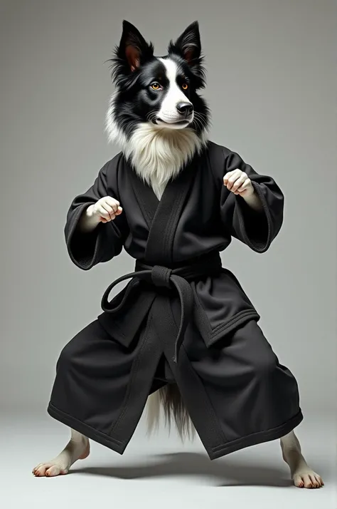 A border Collie. Wearing a black and grey martial arts robe. Doing a American Kenpo pose. 