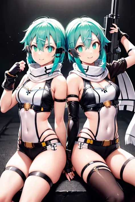 ​masterpiece, top-quality, hight resolution, (((sinon, scarf, Fingerless gloves, hair adornments, hair clips, Thigh strap, Cowboy Shooting, Have a gun, Sniper rifle))),, sitting on, Curvaceous, Small waist, bbw,, surrounded by people、a smile (((cloned face...