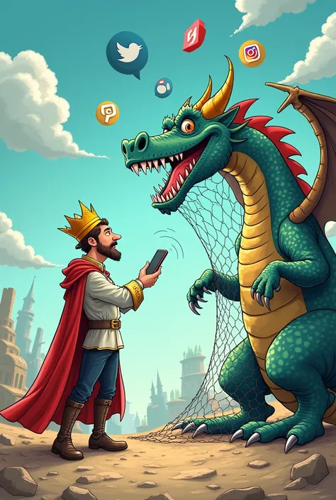 Funny satirical cartoon. 
About a prince fighting the dragon of bureaucracy through social media. 
The prince aims at the dragon phone. 
On the dragon is written: "Bureaucracy". 
The dragon is entangled in a net. 
Social media icons fly in space.