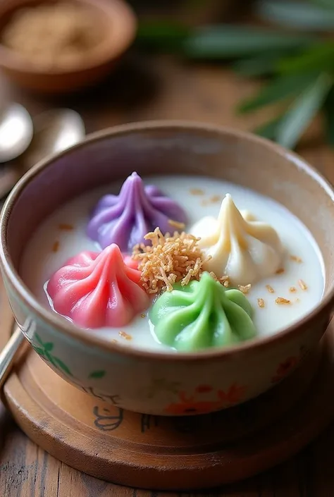 A close-up of a traditional Thai dessert called Bua Loy. The image shows a bowl of vibrant, colorful rice flour dumplings floating in a creamy, rich coconut milk base. The dumplings are in shades of pink, purple, green, and white. The bowl is placed on a w...