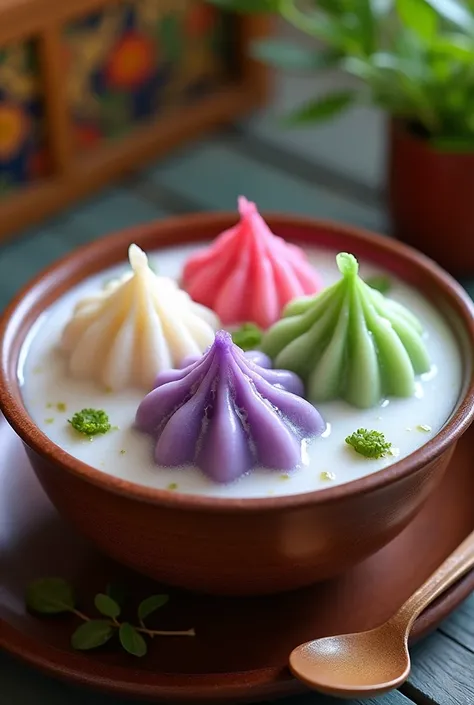 A close-up of a traditional Thai dessert called Bua Loy. The image shows a bowl of vibrant, colorful rice flour dumplings floating in a creamy, rich coconut milk base. The dumplings are in shades of pink, purple, green, and white. The bowl is placed on a w...