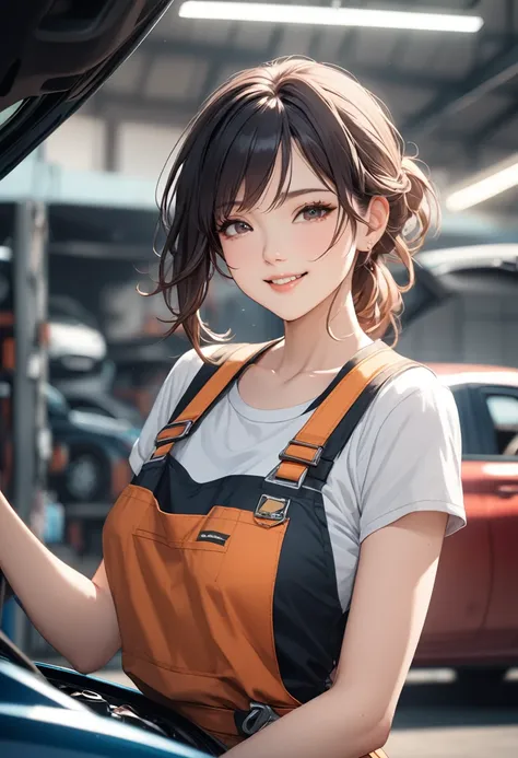 (masterpiece:1.5),(Beat quality),(high res),1girl solo,beautiful face,smile,upper body,Female mechanic working at a car shop