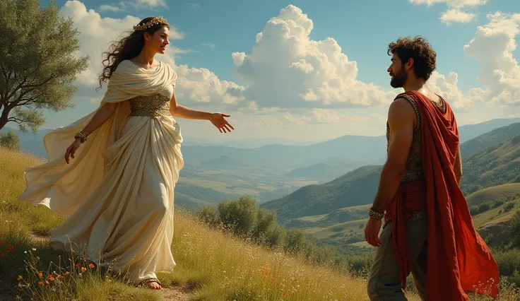 a greek goddess standing promising power and glory to 20yr old  masculine shepherd on a green greek hill, renaissance, cinematic 