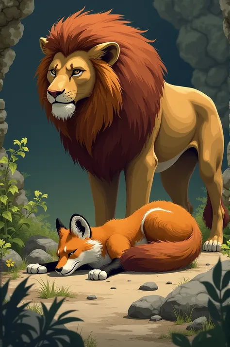 Fox Fainted: Illustrate the fox lying on the ground, unconscious, while the lion stands nearby.