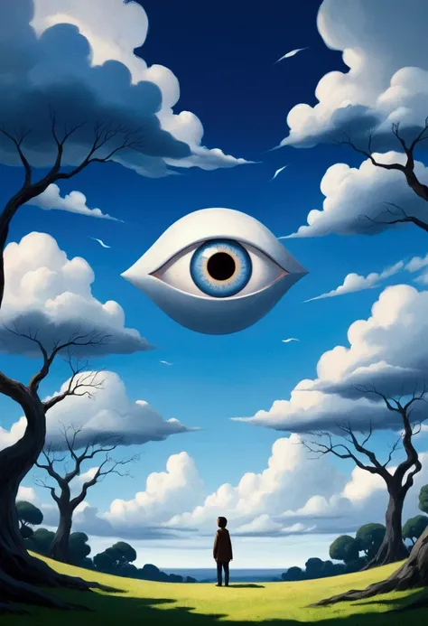 - **concept**: Surrealism, Like a dream, fantasy, SurrealismArt - **element**: giant Eye, Branches, Floating Objects, Eye, Dreams - **Background**: outdoor, natural scenery, Trees, Sky, Clouds - **atmosphere**: weird, mystery, Calm - **Lights and colors**:...