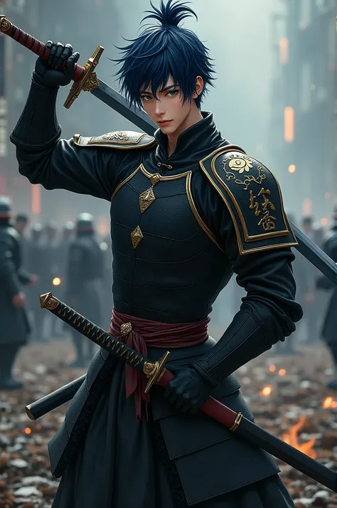 Man, Blue-black hair, tall man, short hair,Japanese eyes,green eyes, handsome young man, anime japanese, white skinny, sexy man, sexy body, Young gym man body, knight, gentleman, gentle face, Japanese war armor, black armor, armor, Honorable knight, knight...