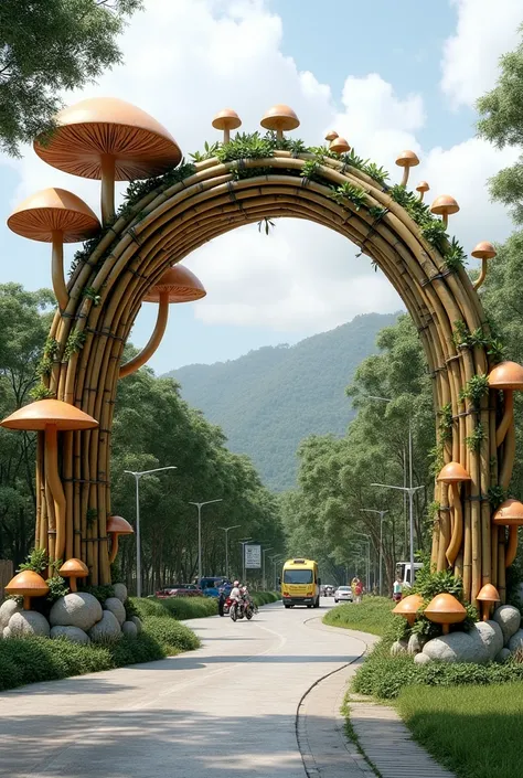 Create a creative welcome arch use "WELCOME CAUAYAN CITY",  the design is bamboo and mushrooms but is a concrete stones use the rules below 

According to DPWH, the welcome arch shall have a minimum vertical clearance of 5.33 m, and it must be located at a...