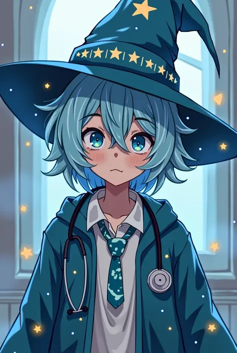 Illustration, anime, cool,Wizard&#39;s Hat,Stethoscope,Light blue hair,Light blue eyes