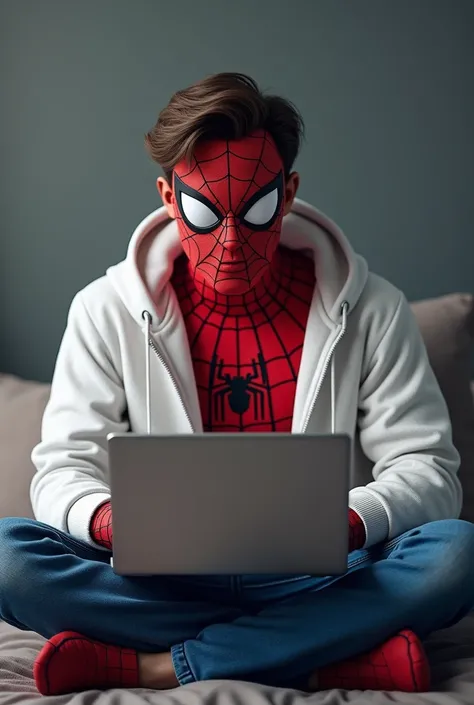 Spiderman using laptop, wearing a white hoody facing forward 