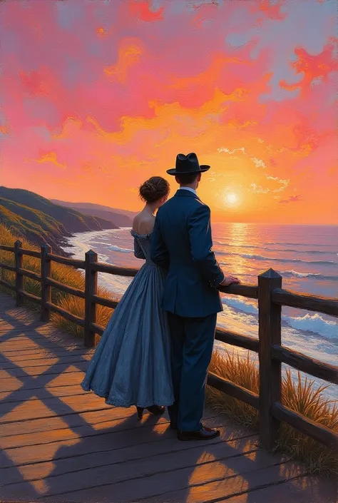 Impressionist style, Van Gogh style, Coney Island, leaning on the railing of a wooden walkway by the sea, the sun setting on the horizon, a man and a woman in old-fashioned clothes watching the sunset, the wind blowing from the hills to the sea, retro styl...