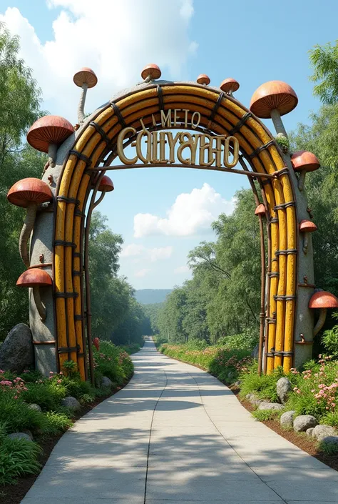 Create a creative welcome arch use "WELCOME CAUAYAN CITY",  the design is bamboo and mushrooms but is a concrete stones use the rules below 

According to DPWH, the welcome arch shall have a minimum vertical clearance of 5.33 m, and it must be located at a...