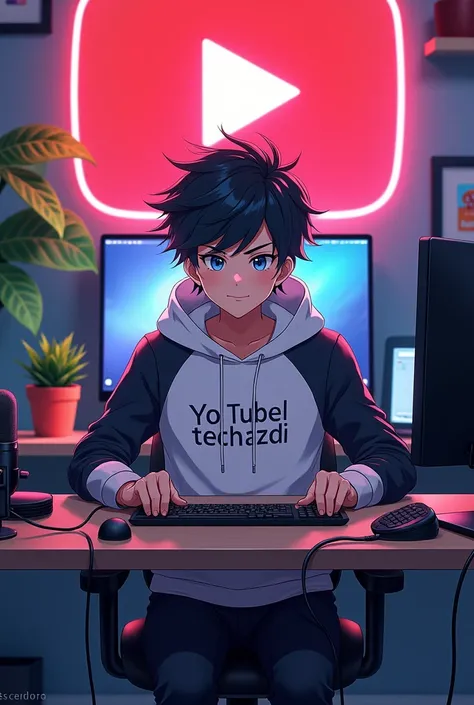 Create a image of a 18 years anime boy siting in front of a computer desk with a microphone and laptop wearing white and black hoodie with the channel name "Tech Azdi". The background includes a large YouTube logo on the wall,potted plants on either side, ...