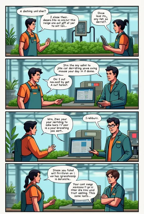 Data silos and lack of integration in greenhouse
Give me like a comic strip conversation with 4 images 