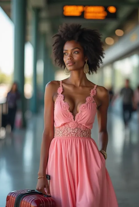 A beautiful black young lady traveling to Germany with her bags with a casual wear. She should be in a pink elegant outfit 