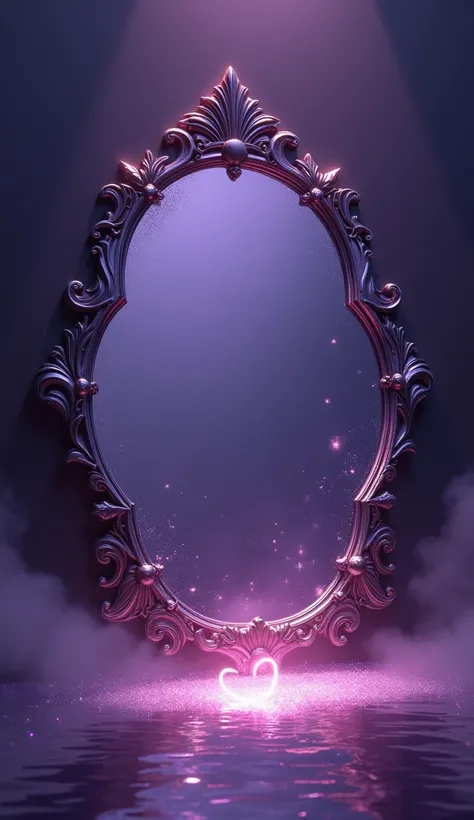 Create this image Purple background, with a mirror in the background and a heart image in the bottom corner of the image 