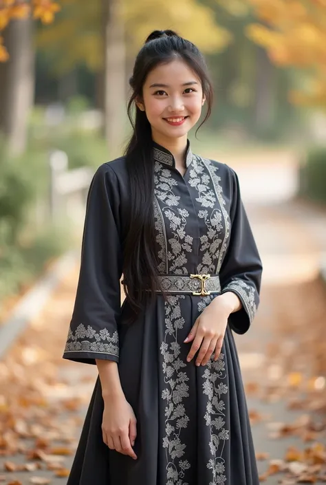 A beautiful asian and young girl.Her facial features are exquisite and fully conform to the golden ratio of human anatomy...Her long,straight long black hair, ponytail, slim body,  beautiful scenery, wearing a sundress, long dress, sexy pose, full body sho...