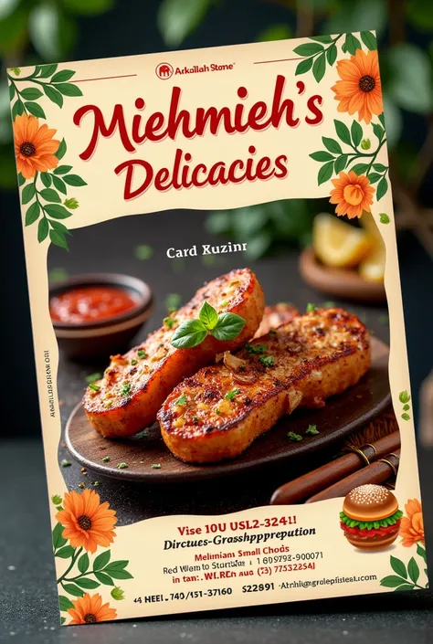 Create a advertising flyer for Miehmiehs Delicacies,  its s a tasty bite that deals with small chops mainly grasshopper thats prepared with grills to customers taste, Edit this generated picture to Include these in the flyer, Address : Arkillah state low-c...