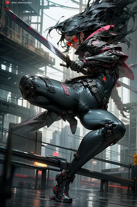 3000，cyberpunk futuristic city，rain，a woman with graceful movements creates a human being，wearing sunglasses，holding a samurai s...