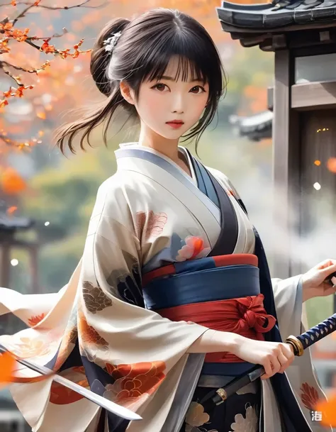 beautiful japanese girl，presented in transparent color watercolor style，holding a sharp blade or dagger，injurious weapons,hidden...