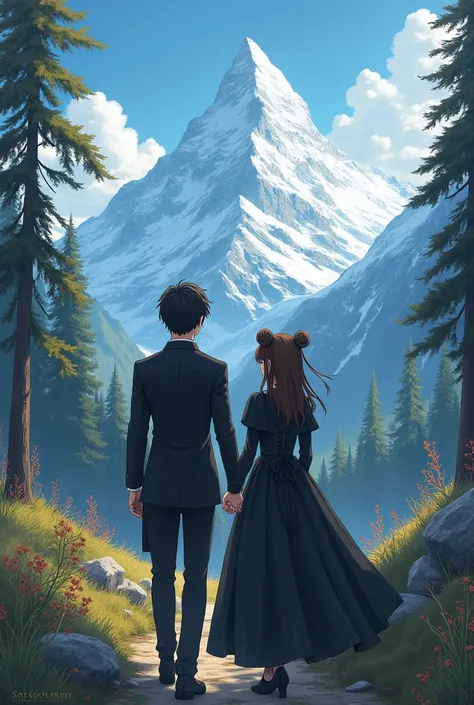 Anime girl with long dark brown hair with two pigtails and straight bangs, Victorian black dress accompanied by her boyfriend, a boy with slightly curly black hair, They walk in Skyrim in anime