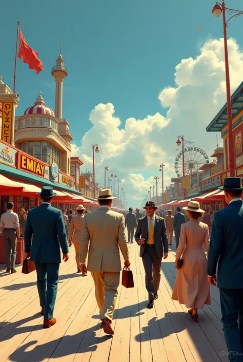 a bustling seaside boardwalk, old-fashioned dressed men and women, retro style, oil painting, american impressionist painting, rough texture, passionate, (best quality,4k,8k,highres,masterpiece:1.2),ultra-detailed,(realistic,photorealistic,photo-realistic:...