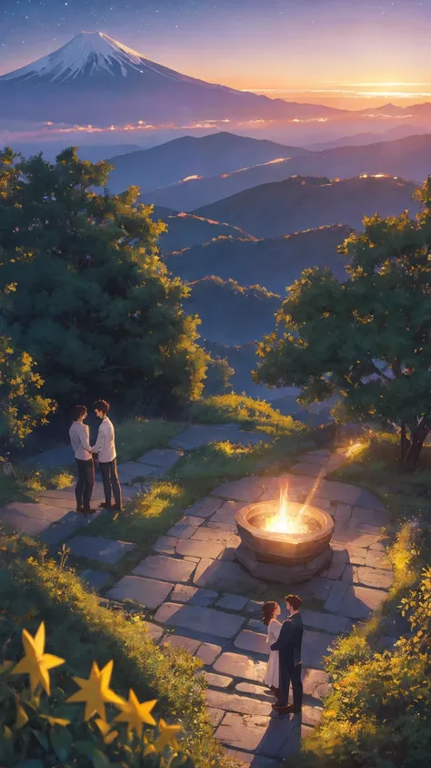 A wide-angle view captures the essence of a masterpiece, showcasing the impeccable quality and hyperrealism in the style of Makoto Shinkai. The scene depicts a breathtaking hillside where a couples silhouettes stand, gazing at the glittering cityscape of J...