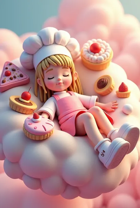 WHITE SKIN FEMALE CHEF 3D ANIMATED CHARACTER CLOSE LIP SMILE LIGHT HAIR WEARING A CHEF HAT ON HER HEAD, SHE HAS A WHITE SHIRT ON AND A PINK APRON OVER IT , SHE IS WEARING WHITE CROCS ON HER FEET WITH THE LETTERS MA ON ONE SIDE , SHE IS LYING DOWN SLEEPING ...