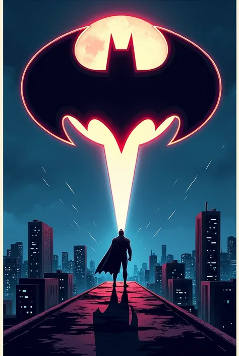 Create a sticker design featuring the iconic Bat-Signal, but instead of the Batman logo, replace it with the Valorant game logo. The sticker should have a comic book style, with the Bat-Signal projecting the Valorant logo into the night sky over a cityscap...