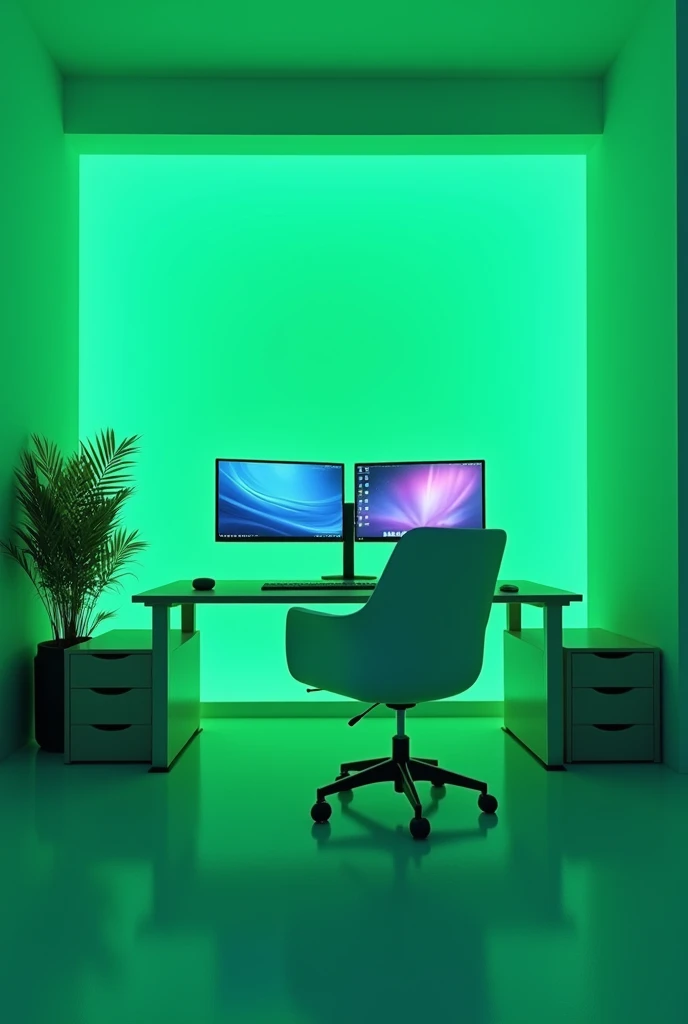 A computer, in a led lighten room, two screens on front wall, white comfortable seat, the seat is empty, room is lighten green, hp monitor