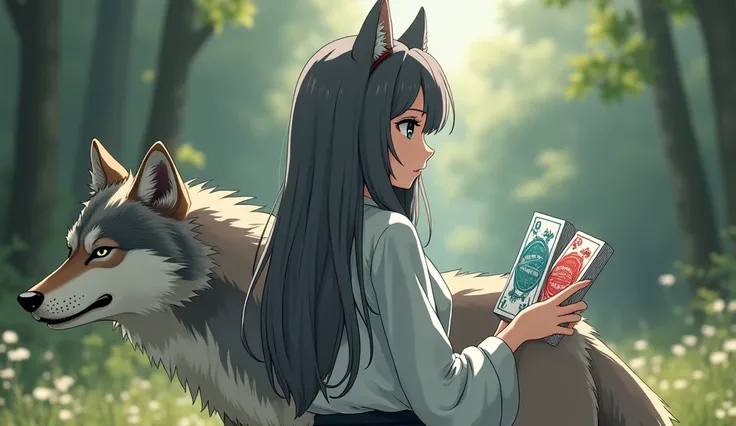 Hanafuda playing cards holding by with a teenager girl ash grey wolf cut long hair standing realistic facing back